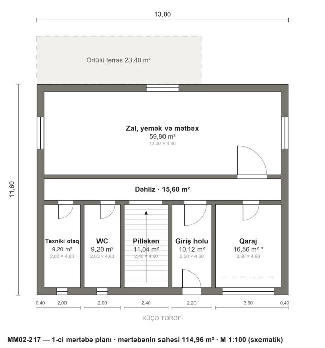 MM02-217 layihəsinin 1-ci mərtəbə planı — 114,96 m²
