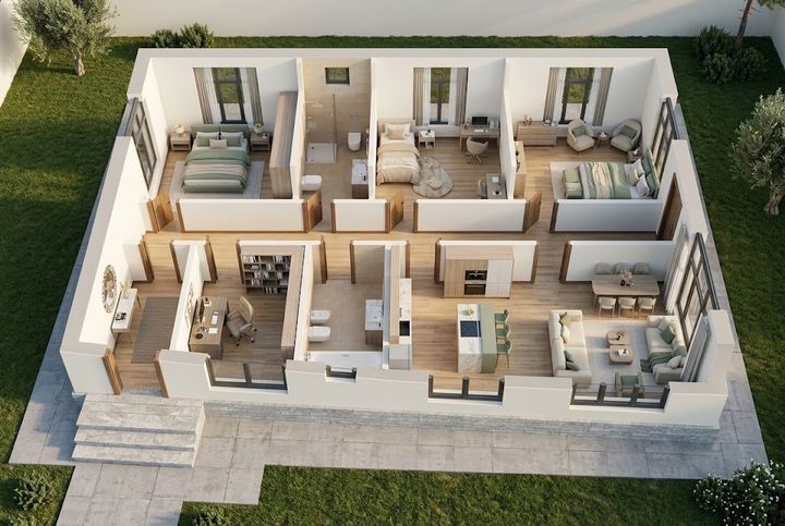BM26-154 layihəsinin 3D kəsik planı — mebelli otaqlar, vizuallaşdırma