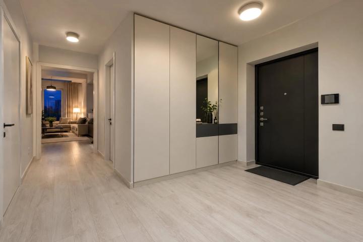 Minimalist üslubunda giriş holu (yaşayış kompleksində mənzil, axşam, lampalar yanır) — Ekonom təmir paketi, dizayn vizuallaşdırması