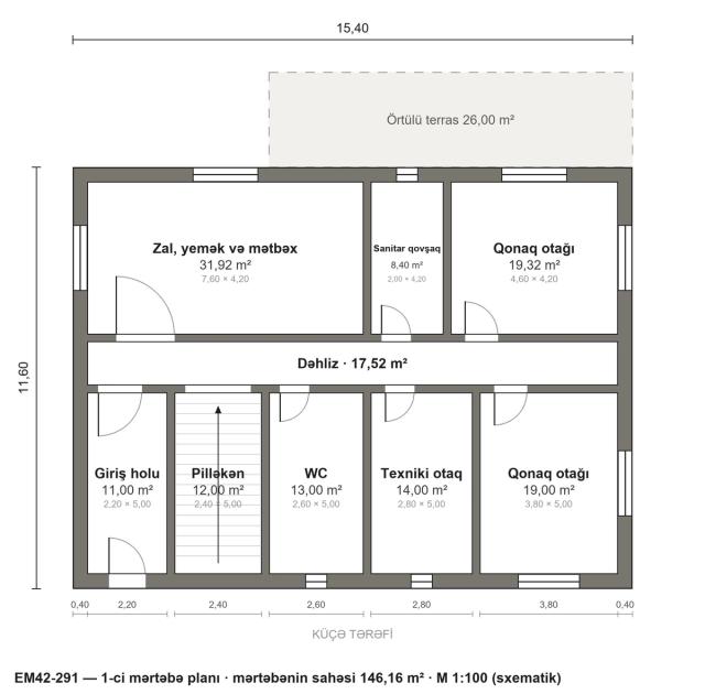 EM42-291 layihəsinin 1-ci mərtəbə planı — 146,16 m²