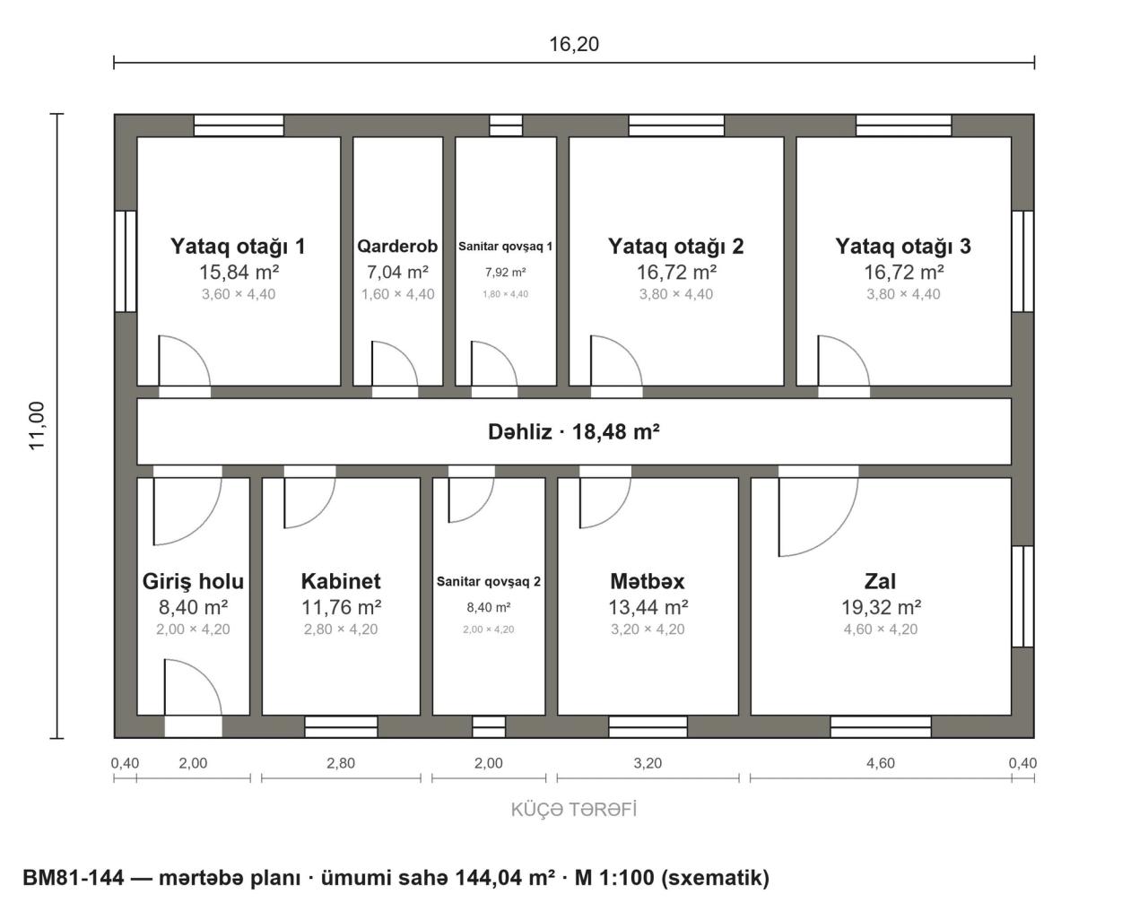 BM81-144 layihəsinin mərtəbə planı — 144 m², 3 yataq otağı