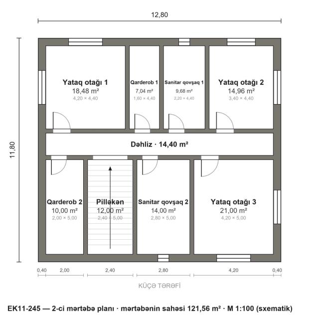 EK11-245 layihəsinin 2-ci mərtəbə planı — 3 yataq otağı
