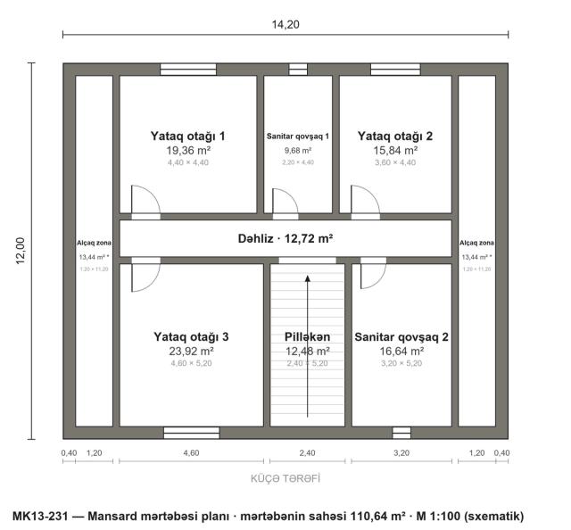 MK13-231 layihəsinin mansard mərtəbəsi planı — 3 yataq otağı