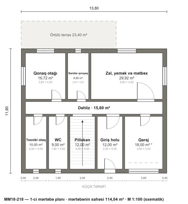 MM18-218 layihəsinin 1-ci mərtəbə planı — 114,04 m²