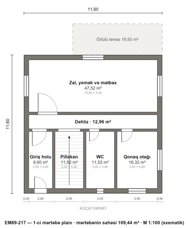 EM89-217 layihəsinin 1-ci mərtəbə planı — 109,44 m²