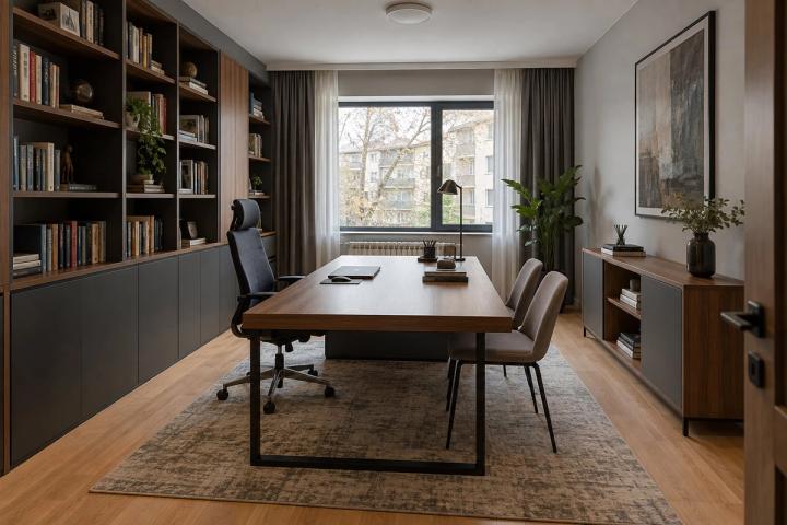 Modern üslubunda kabinet (yaşayış kompleksində mənzil, qış gündüzü) — Ekonom təmir paketi, dizayn vizuallaşdırması