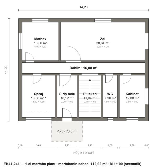 EK41-241 layihəsinin 1-ci mərtəbə planı — 112,92 m²