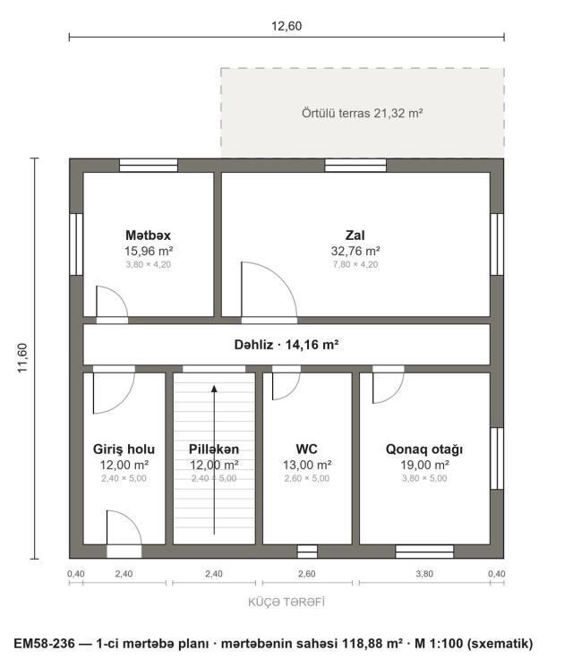 EM58-236 layihəsinin 1-ci mərtəbə planı — 118,88 m²