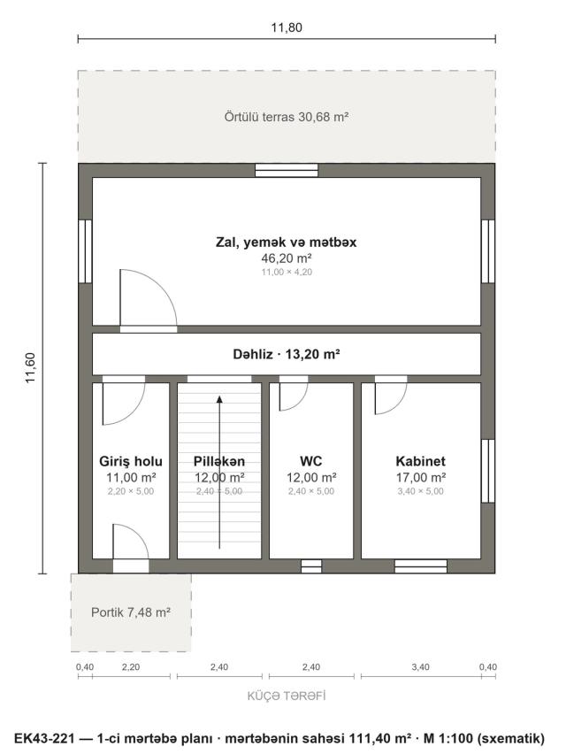 EK43-221 layihəsinin 1-ci mərtəbə planı — 111,40 m²