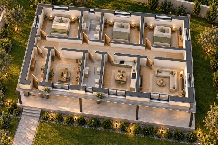 BM61-147 layihəsinin 3D kəsik planı — mebelli otaqlar, vizuallaşdırma