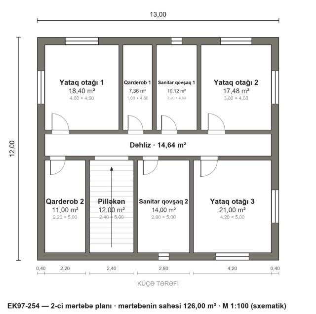EK97-254 layihəsinin 2-ci mərtəbə planı — 3 yataq otağı