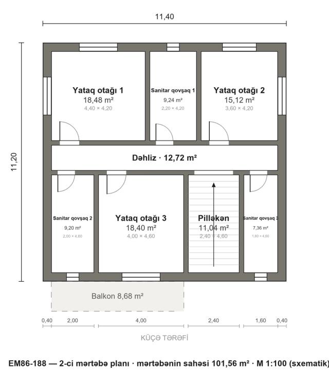 EM86-188 layihəsinin 2-ci mərtəbə planı — 3 yataq otağı