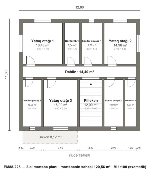 EM88-225 layihəsinin 2-ci mərtəbə planı — 3 yataq otağı