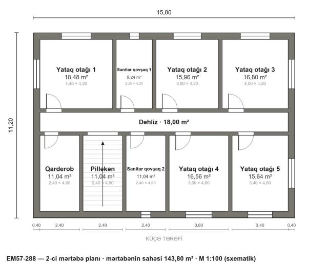 EM57-288 layihəsinin 2-ci mərtəbə planı — 5 yataq otağı