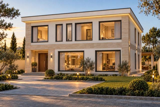 EM29-295 layihəsinin fasad vizuallaşdırması — ikimərtəbəli ev, düz dam