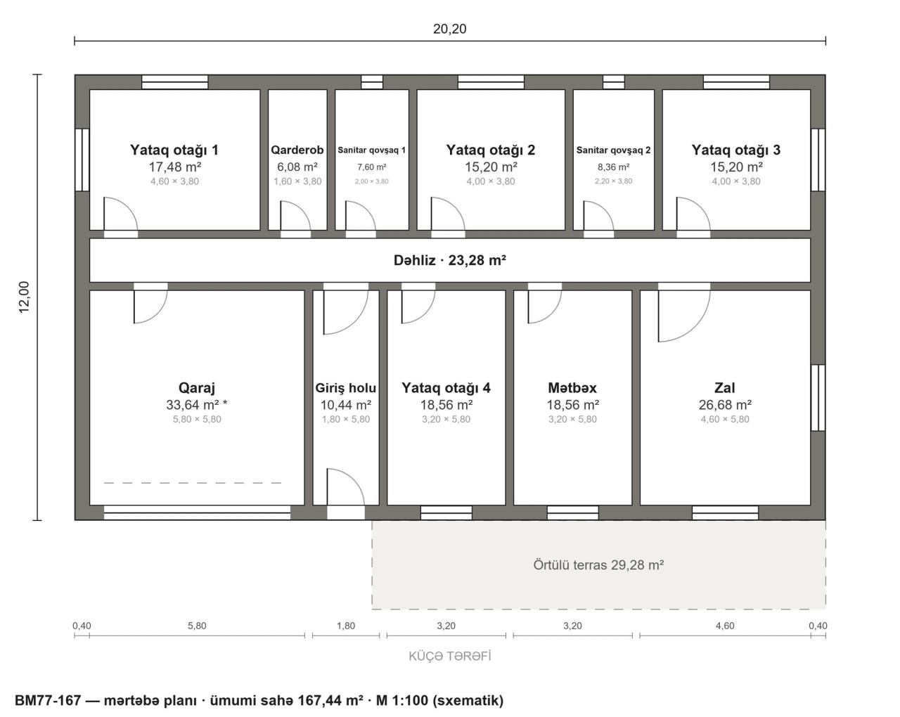 BM77-167 layihəsinin mərtəbə planı — 167 m², 4 yataq otağı