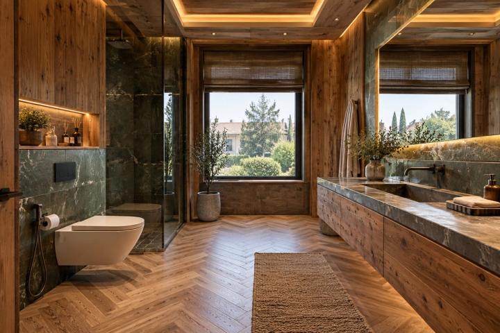 Şale üslubunda sanitar qovşaq (villa, qış gündüzü) — Premium təmir paketi, dizayn vizuallaşdırması