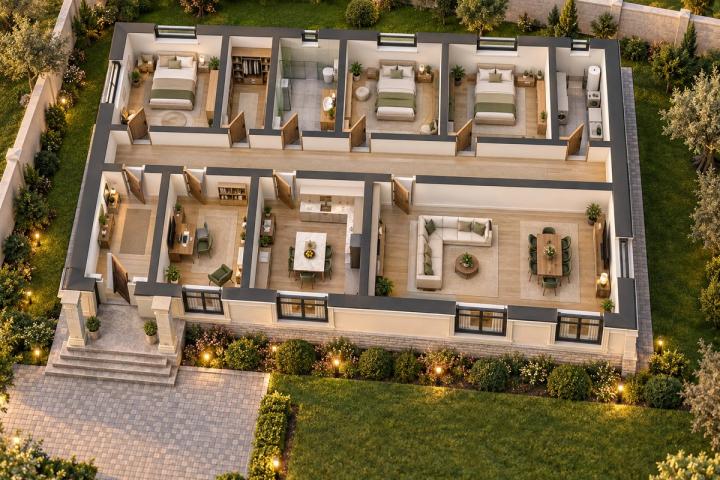 BK32-156 layihəsinin 3D kəsik planı — mebelli otaqlar, vizuallaşdırma
