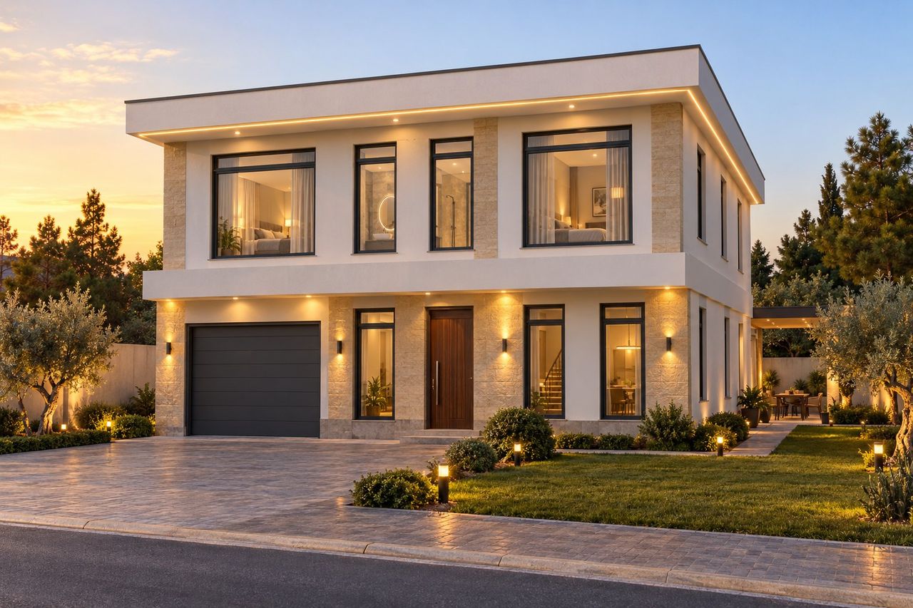 EM30-230 layihəsinin fasad vizuallaşdırması — ikimərtəbəli ev, düz dam