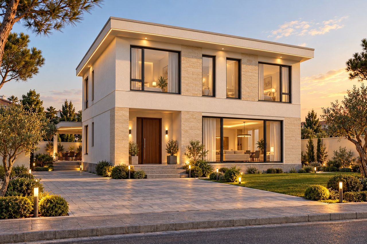 EM92-245 layihəsinin fasad vizuallaşdırması — ikimərtəbəli ev, düz dam