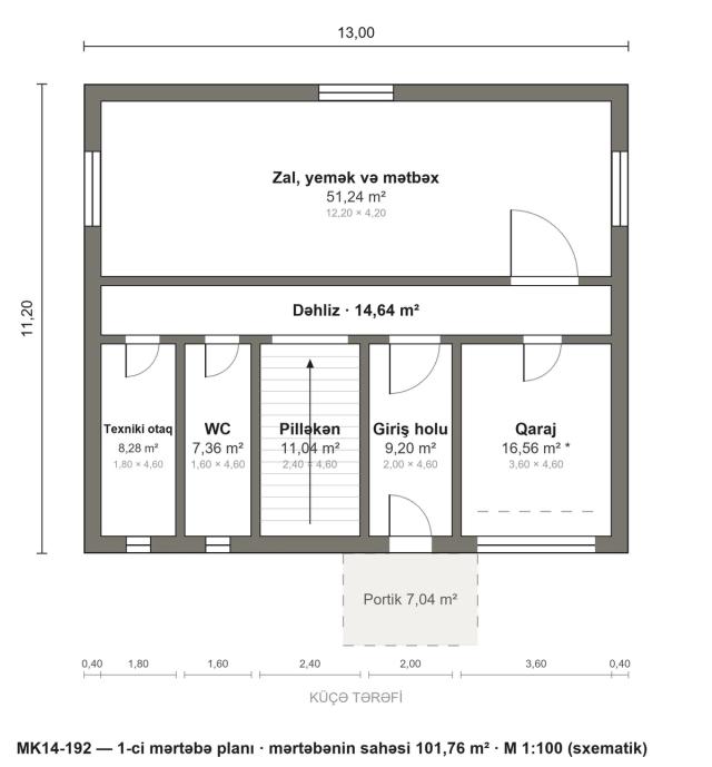 MK14-192 layihəsinin 1-ci mərtəbə planı — 101,76 m²