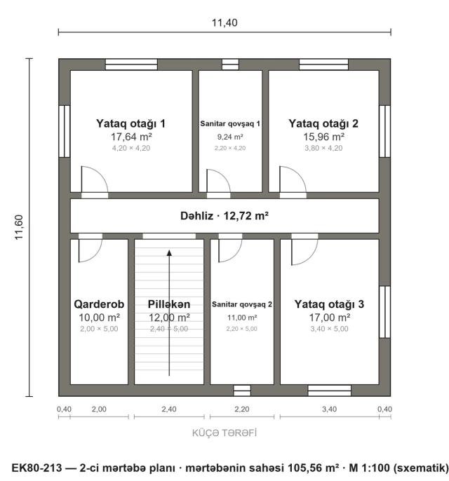 EK80-213 layihəsinin 2-ci mərtəbə planı — 3 yataq otağı