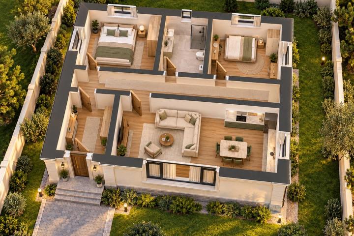 BK58-094 layihəsinin 3D kəsik planı — mebelli otaqlar, vizuallaşdırma
