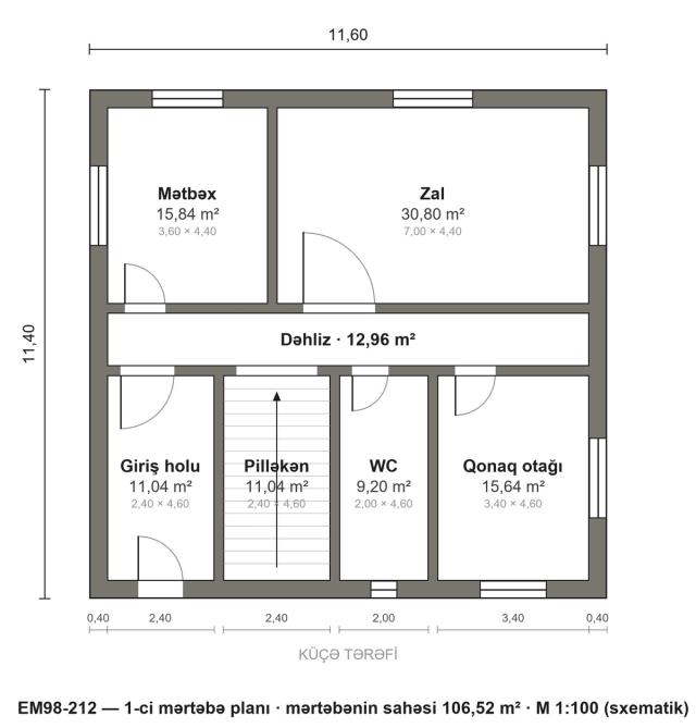 EM98-212 layihəsinin 1-ci mərtəbə planı — 106,52 m²