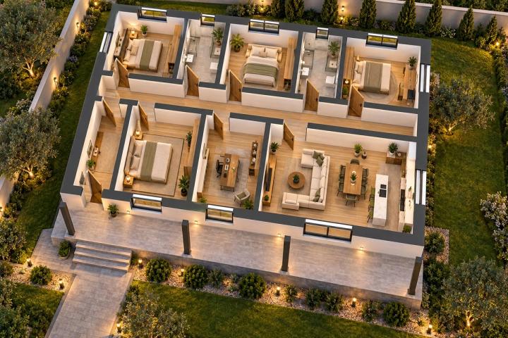 BM59-154 layihəsinin 3D kəsik planı — mebelli otaqlar, vizuallaşdırma