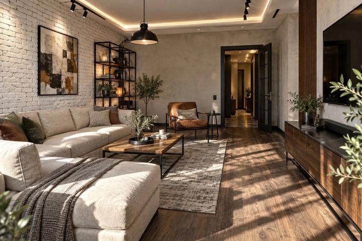 Loft üslubunda qonaq otağı (yaşayış kompleksində mənzil, səhər günəşi) — Standart təmir paketi, dizayn vizuallaşdırması