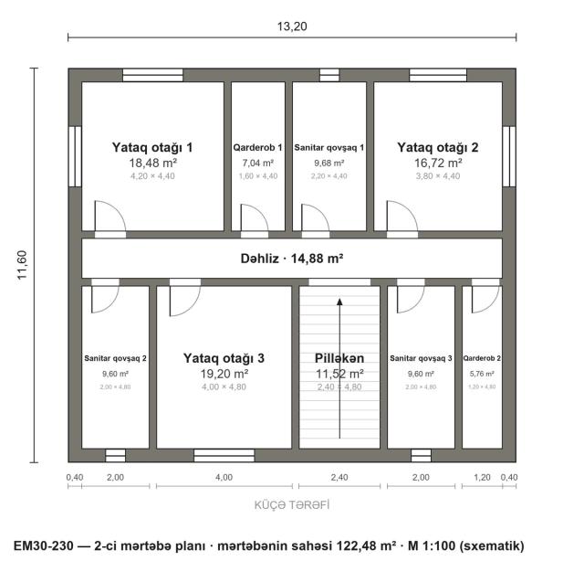 EM30-230 layihəsinin 2-ci mərtəbə planı — 3 yataq otağı