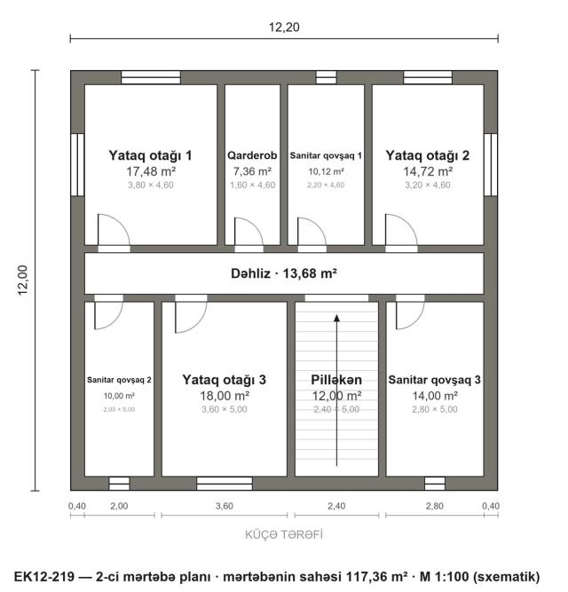 EK12-219 layihəsinin 2-ci mərtəbə planı — 3 yataq otağı