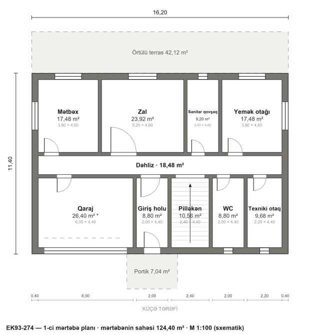 EK93-274 layihəsinin 1-ci mərtəbə planı — 124,40 m²