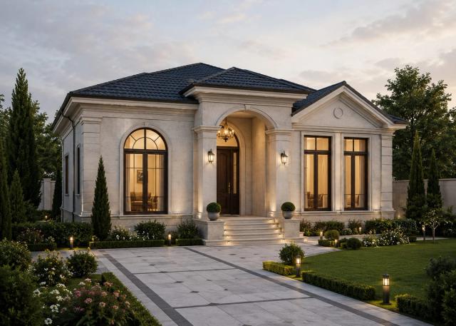 A completed single-storey private house in the Albalylyg settlement of Baku — a light-coloured stone facade, an arched entrance portal and a lit yard