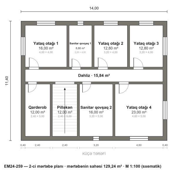 EM24-259 layihəsinin 2-ci mərtəbə planı — 4 yataq otağı