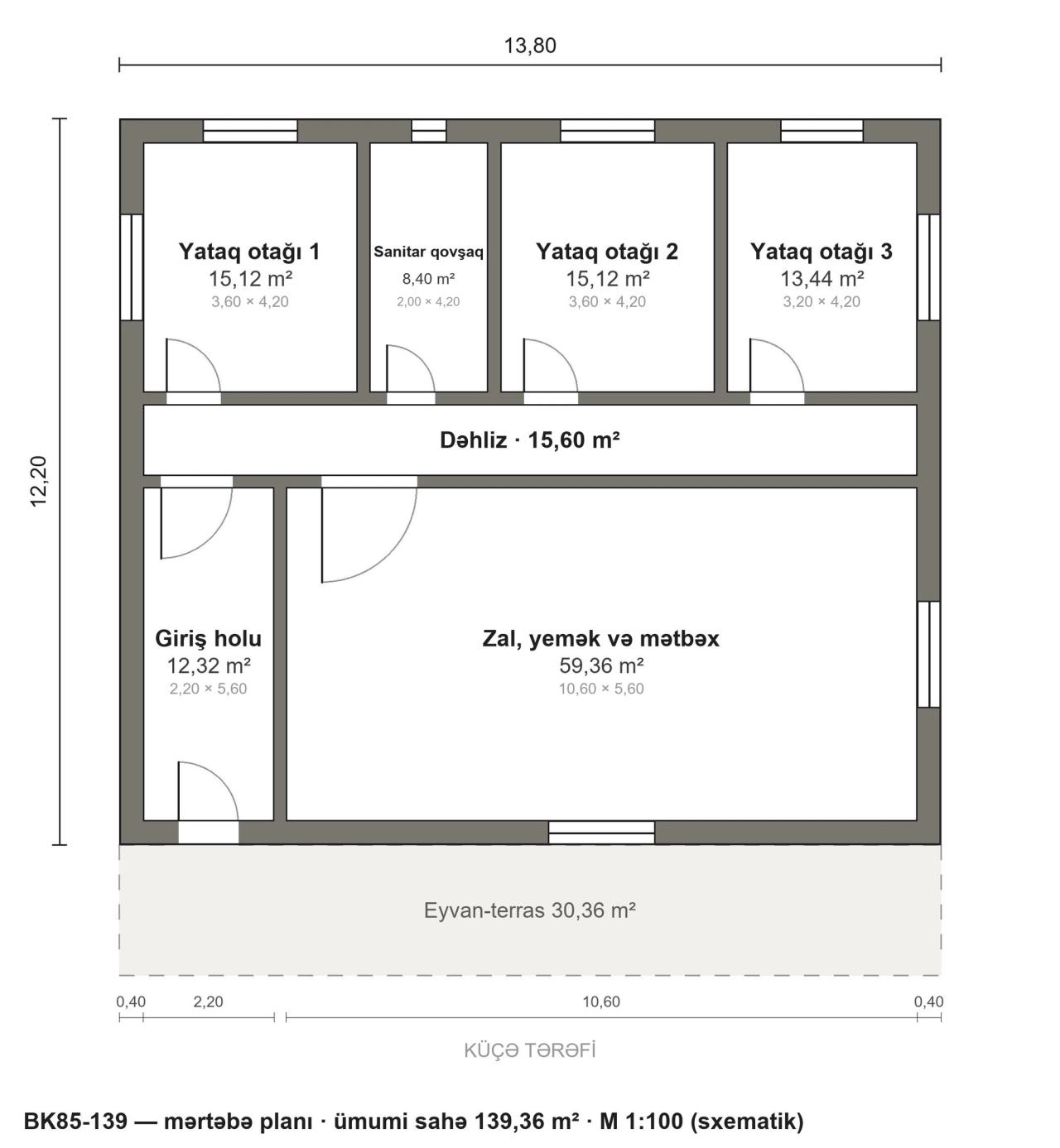 BK85-139 layihəsinin mərtəbə planı — 139 m², 3 yataq otağı