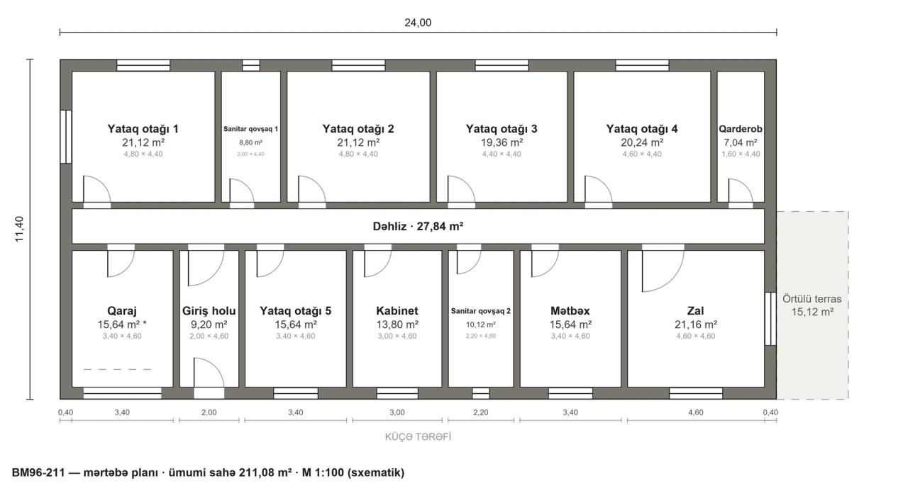 BM96-211 layihəsinin mərtəbə planı — 211 m², 5 yataq otağı