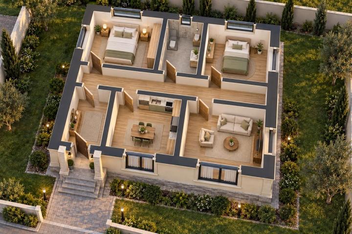 BK03-080 layihəsinin 3D kəsik planı — mebelli otaqlar, vizuallaşdırma