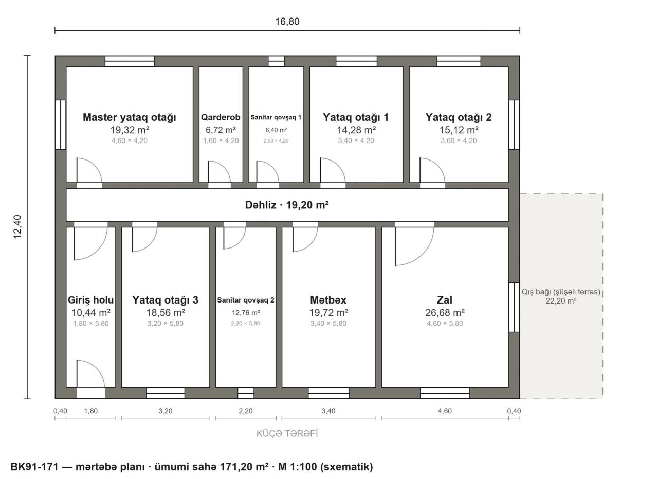 BK91-171 layihəsinin mərtəbə planı — 171 m², 4 yataq otağı