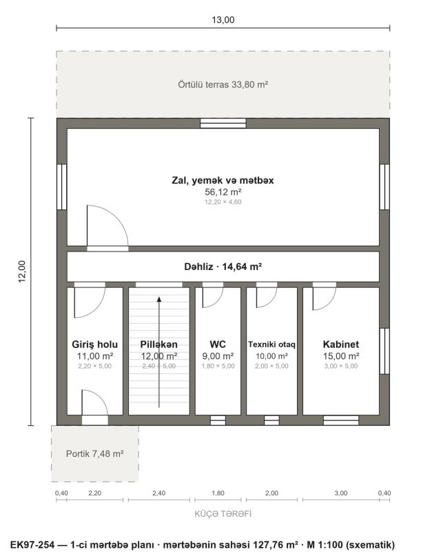 EK97-254 layihəsinin 1-ci mərtəbə planı — 127,76 m²