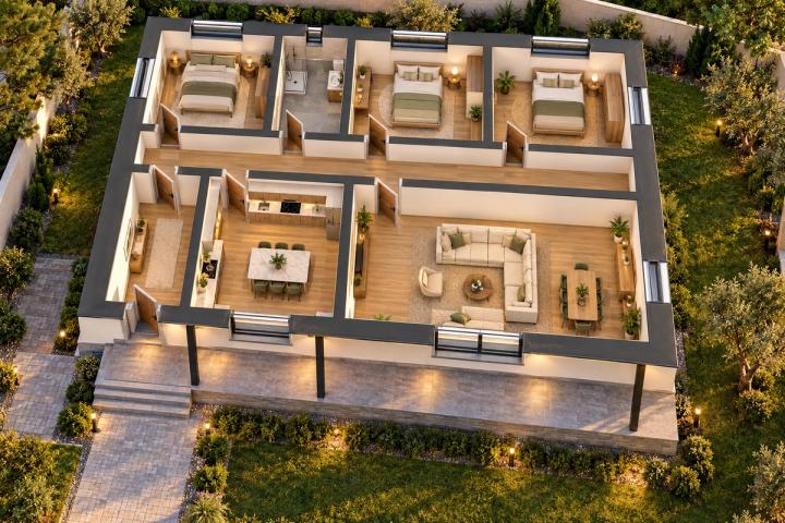 BM95-144 layihəsinin 3D kəsik planı — mebelli otaqlar, vizuallaşdırma