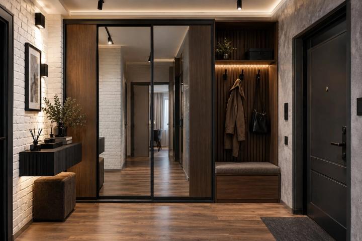 Loft üslubunda giriş holu (köhnə planlı mənzil, qış gündüzü) — Standart təmir paketi, dizayn vizuallaşdırması