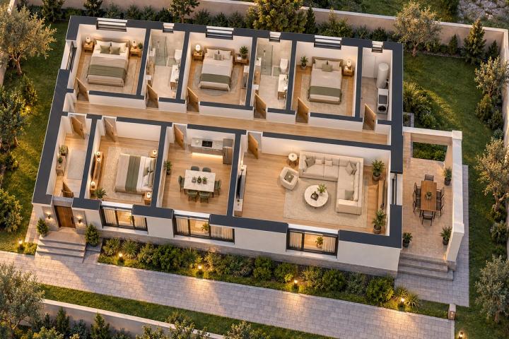 BM94-173 layihəsinin 3D kəsik planı — mebelli otaqlar, vizuallaşdırma
