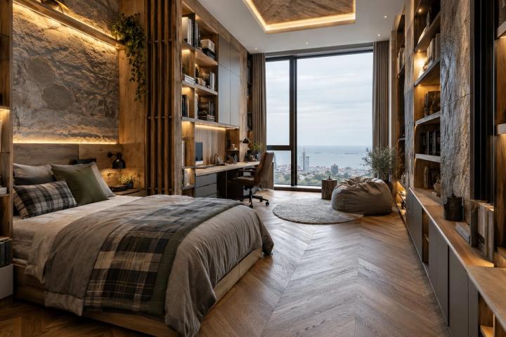 Şale üslubunda uşaq otağı (penthaus, qış gündüzü) — Premium təmir paketi, dizayn vizuallaşdırması