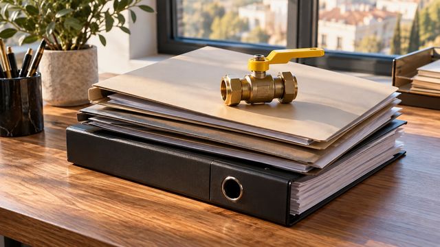 Sənəd qovluqları və üzərində kiçik sarı qaz kranı
