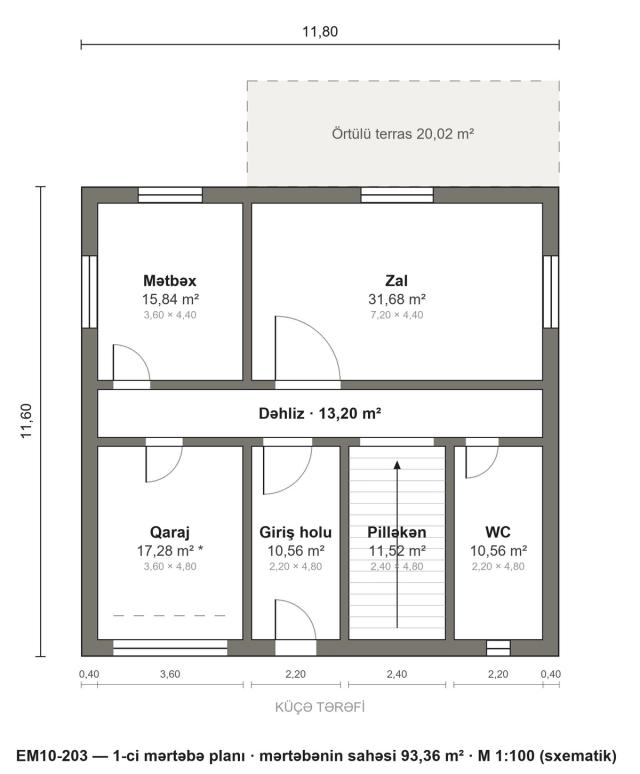 EM10-203 layihəsinin 1-ci mərtəbə planı — 93,36 m²