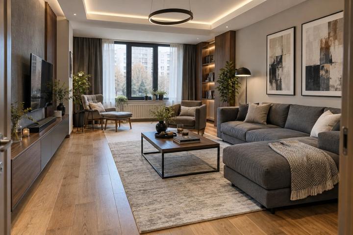 Modern üslubunda qonaq otağı (yeni tikili mənzil, qış gündüzü) — Standart təmir paketi, dizayn vizuallaşdırması