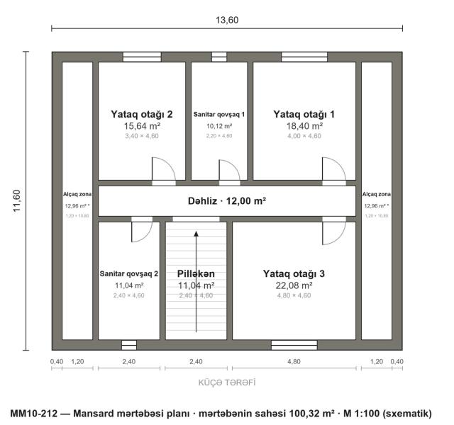 MM10-212 layihəsinin mansard mərtəbəsi planı — 3 yataq otağı
