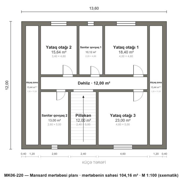 MK06-220 layihəsinin mansard mərtəbəsi planı — 3 yataq otağı