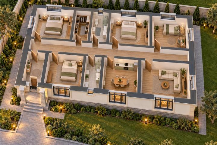 BK30-164 layihəsinin 3D kəsik planı — mebelli otaqlar, vizuallaşdırma